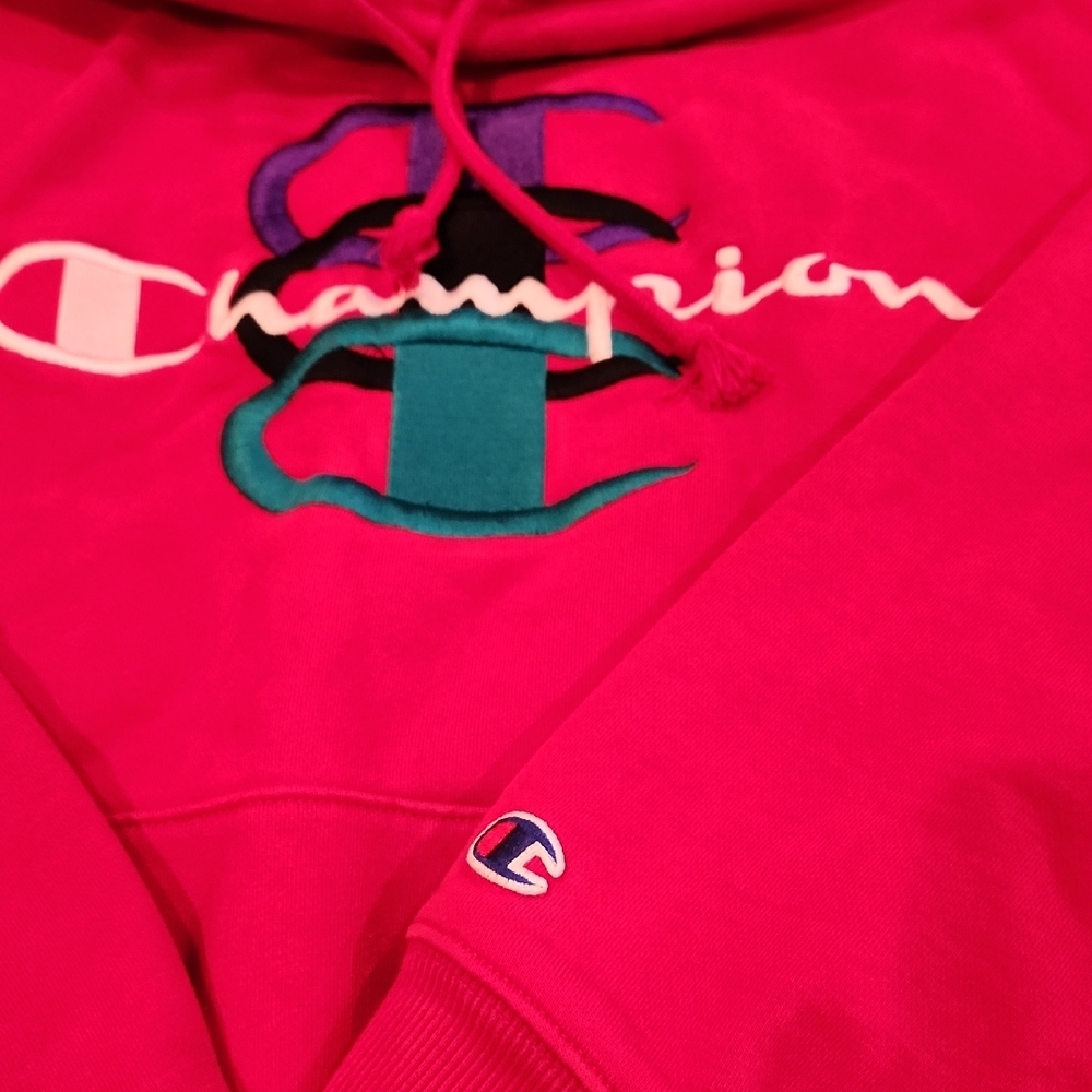 Champion/Supreme Vibrant Red Hoodie with Multicolor Logo - Picture 3 of 5